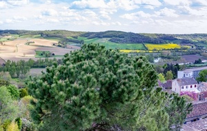 Lauzerte: Esplanade de la Barbacane: vue sur le collège et la vallée du Lendou