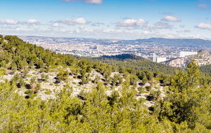 Des iles du Frioul, parc Borelly, quartiers est jusqu'aux  
monts de la Gineste. Au premier plan sommet des Escampons masquant les Baumettes