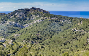 Entre le mont Luminy et le col de Morgiou : vue sur l'entaille de la calanque de Sormiou , le Baou Rond et l'le de Riou