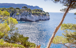 Vus de la rive droite de la calanque de Port Miou, le Cap Cable à l'extrémité de la presqu'ile de Cassis. en arrière plan les falaises de Cassis et le Cap Canaille