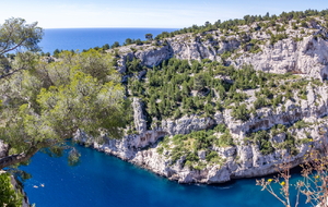 La calanque d'En Vau vue de sa rive gauche et en face les falaises du Plateau de Castel Vieil